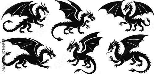 Dragon silhouette vector set, mythical creature icons, black flying beasts, fantasy reptile clipart, winged monster graphics, fierce design elements