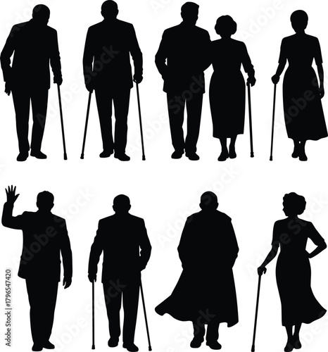 Elderly silhouettes, senior figures, walking canes, aging icons, mobility poses, black vector, healthcare theme, old age, lifestyle illustration, demographic concept