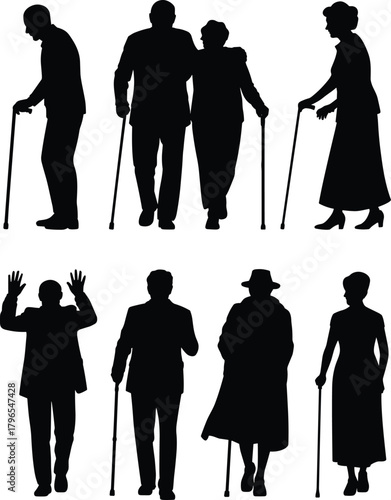 Elderly silhouettes, senior figures, walking canes, aging icons, mobility poses, black vector, healthcare theme, old age, social awareness, lifestyle illustration