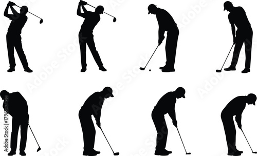 Golf silhouettes, player poses, swing stages, putting stance, black icons, vector sports, athletic motion, golf technique, abstract golfer, sports illustration