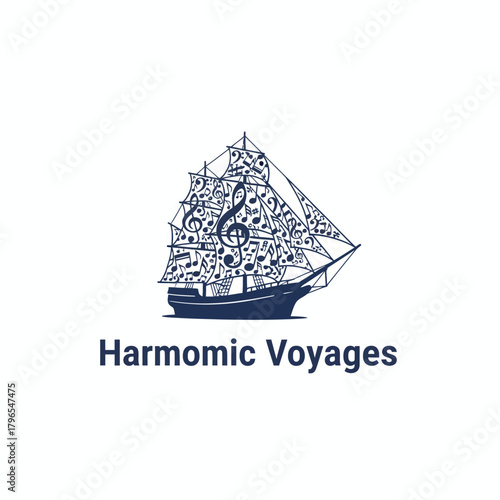 A sailing ship has musical notes as sails. Its hull is dark blue, text is at its foot
