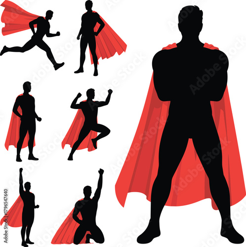 Superhero silhouettes, red cape, dynamic poses, action stances, black vector, comic style, heroic figure, power icon, character illustration, strength motion