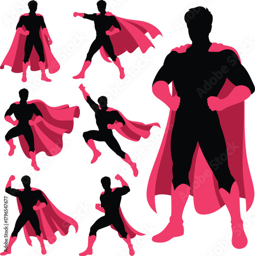 Superhero silhouettes, dynamic poses, action stances, black vector, red accents, comic style, heroic figure, power icon, cape motion, character illustration