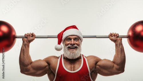 Muscular man in Santa hat lifting weights for Christmas fitness  