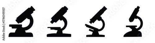 Collection of four black silhouette microscopes various designs scientific research tools