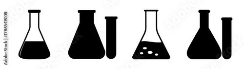 Chemistry lab icons featuring flasks and test tubes with liquids and bubbles