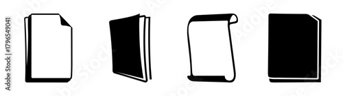 Collection of four document icons representing files and books in various styles