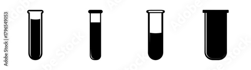 Four different laboratory test tubes showing various liquid levels and one empty