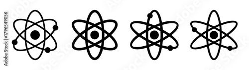 Four stylized atom icons showing a central nucleus with orbiting electrons in a repeating pattern