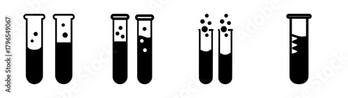 Chemical reaction sequence depicting test tube experiments bubbling and mixing