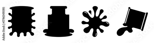 Set of black ink splatter and barrel icons representing chemical spills