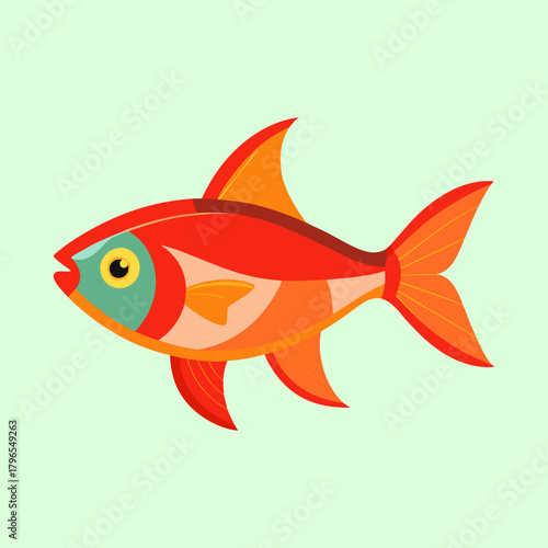A vibrant stylized orange and red fish against a pale green backdrop
