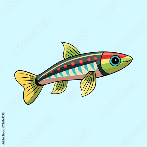 Stylized danio fish with various colorful patterns and detailed fins isolated