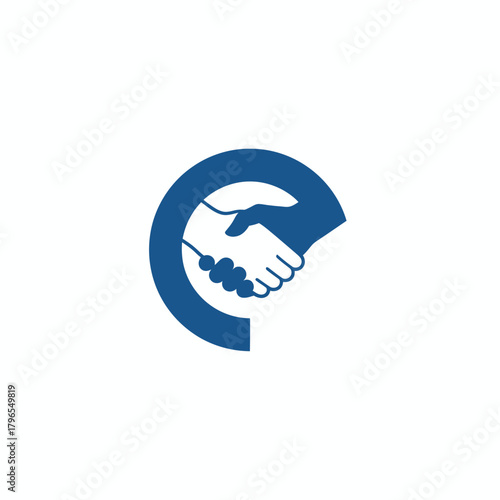 A blue-toned logo shows two hands shaking within a circle, symbolizing agreement. The style is simplistic