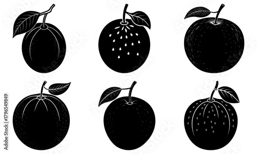 Six stylized black and white plums with leaves arranged in a two by three grid pattern view