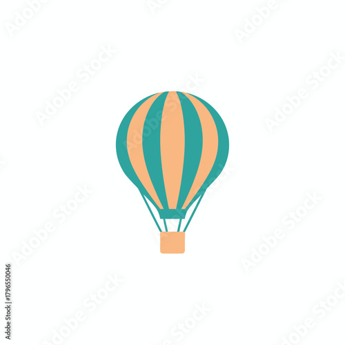 A colorful, simplified illustration of a hot air balloon with striped balloon and basket, isolated