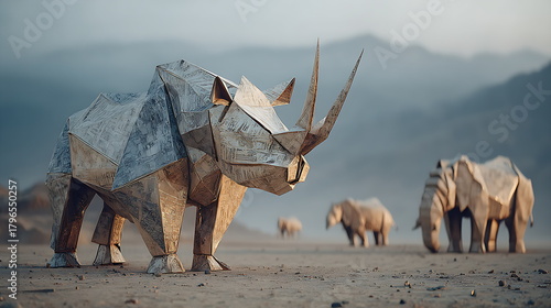 Gigantic origami animals sculpted from folded metal sheets in barren stone landscape, twilight gold lighting, surreal illustration.