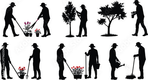Gardener silhouette set, planting and watering poses, horticulture activity vector, garden work illustration, flower care design, gardening posture collection