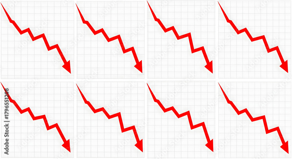 Naklejka premium Red downward zigzag arrows repeating in pattern on grid background, symbolizing decline, loss, crisis and negative trend, ideal for finance, economy, stock market, business analysis and infographic 