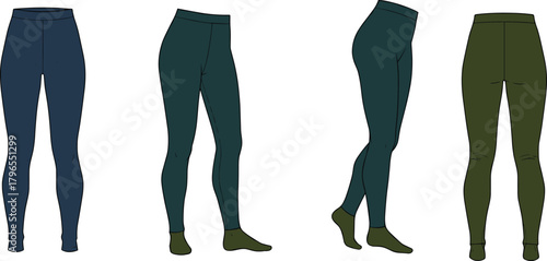 Leggings fashion illustration, front, side, back views, garment sketch, activewear design, apparel reference, technical drawing, sporty fit, clothing concept