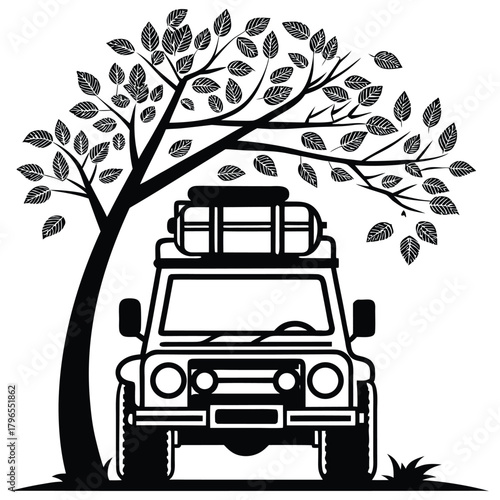 A black silhouette of an autumn camper