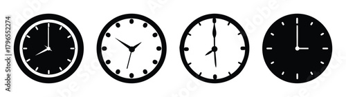 Set of four circular wall clocks displaying different times with detailed face designs