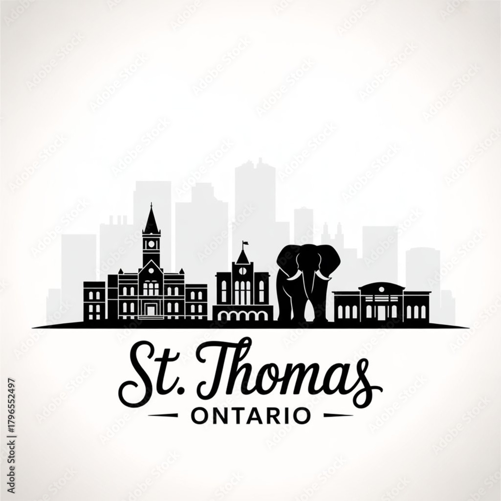 Fototapeta premium St. Thomas Skyline Silhouette — A Historic Canadian Railway City in Ontario Vector Illustration