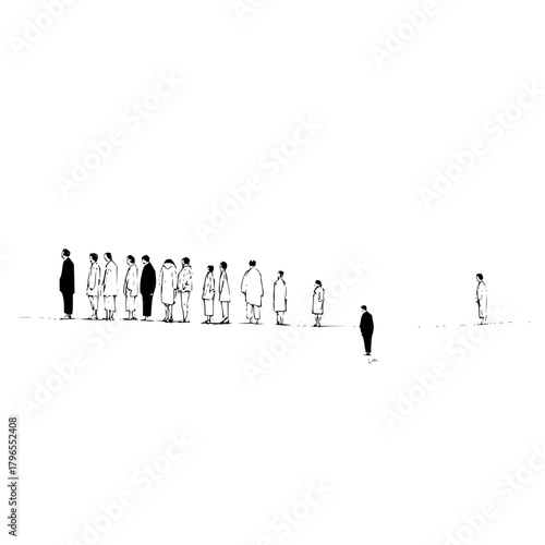 Minimalist line art drawing of people waiting in line sketch illustration black and white crowd scene artwork