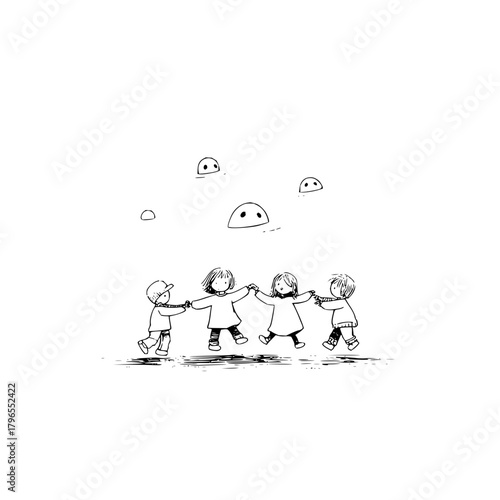 Children playing ring around the rosy illustration drawing sketch black and white friendship happiness joy fun art