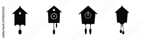 Set of four black silhouette cuckoo clocks with pendulums and decorative elements