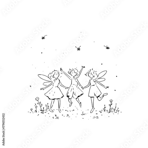 Cute fairy illustration of three whimsical fairies dancing in a field of flowers line art drawing design