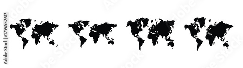 Four world maps showing time zones in black and white for global business and travel