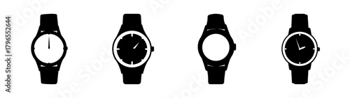 Collection of four black wristwatches featuring different dial styles and straps