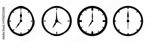 Set of four analog clocks displaying different times hour minute second timekeeping concept