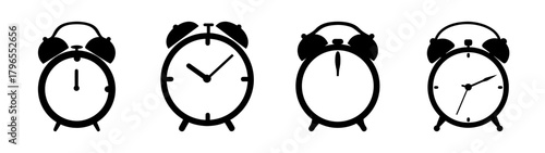 Vintage alarm clock icons showing different times simple graphic design