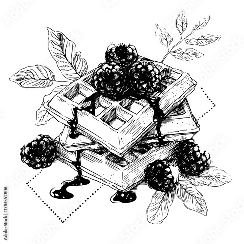 Delicious waffle stack with fresh blackberries and chocolate syrup breakfast food drawing illustration art