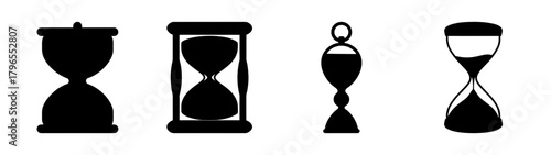 Four diverse hourglass silhouettes representing time measurement and elapsed sand