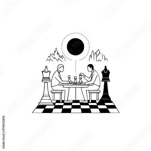 Chess game strategy illustration two players intellectual competition chessboard design thinking black and white art