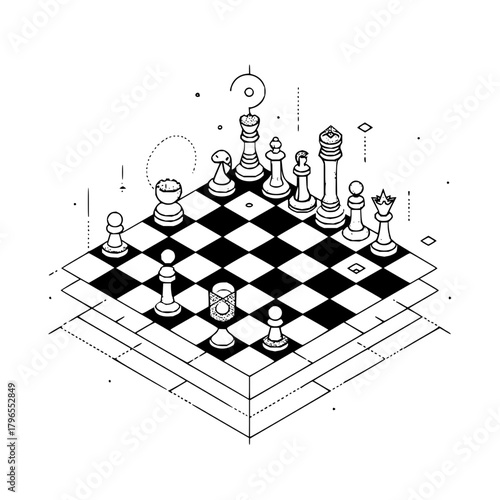 Isometric chess strategy board game concept art for business success and planning with chess pieces design