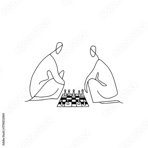 Minimalist chess game art print featuring two players in a strategic board game competition design concept