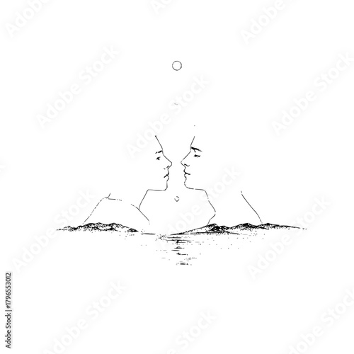 Minimalist art of couple in love facing each other near water with moon drawing illustration design