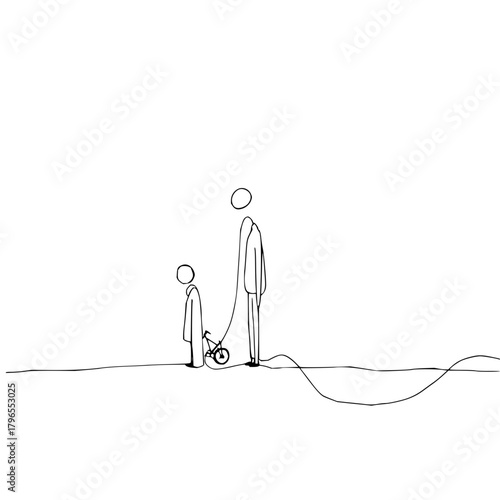 Minimalist line art of father and child learning to ride bike vector illustration simple family moment drawing 100
