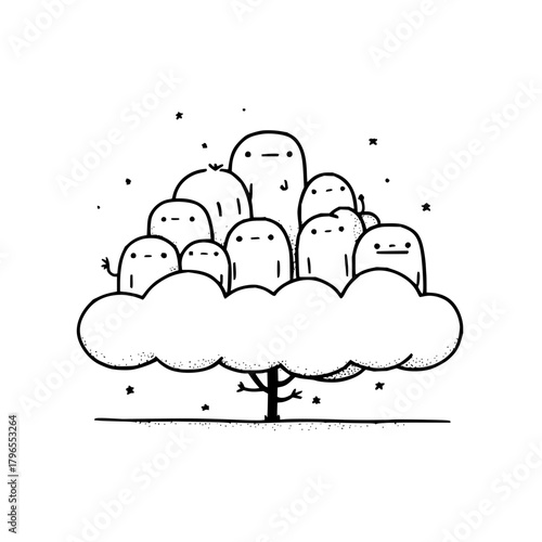 Whimsical cloud tree illustration with cute ghost characters for children's book design and wall art decor