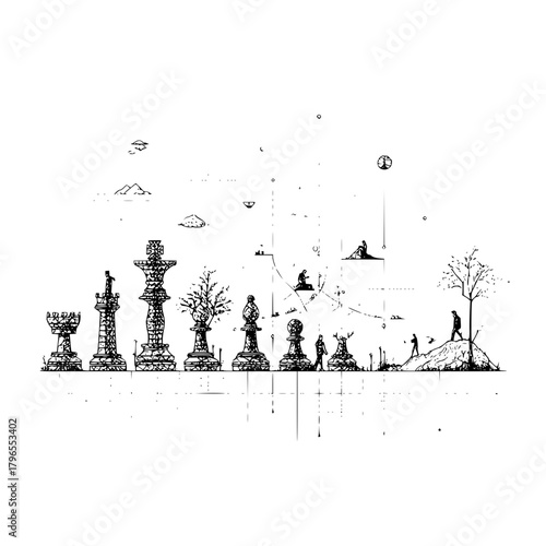 Chess pieces illustration with surreal landscape art print and strategic game concept for wall decor and gifts