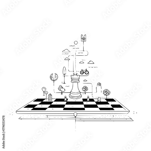 Conceptual chess game illustration with city elements and rook piece on chessboard art drawing design