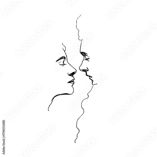 Minimalist line art drawing of two faces in profile for wall art and sketch design inspiration and simple art