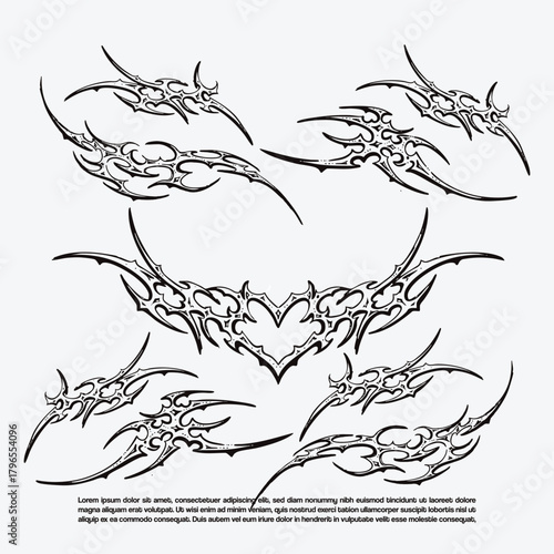 Hand Drawn Y2K Cyber Tribal Tattoo Set , Gothic Cybersigilism Pattern Collection