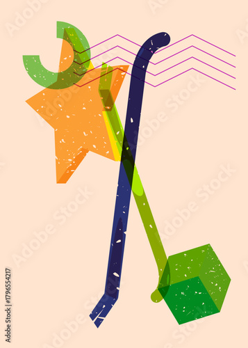 Risograph Crowbar with geometric shapes. Objects in trendy riso graph print texture style design with geometry elements.
