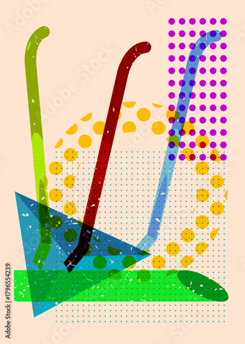 Risograph Crowbar with geometric shapes. Objects in trendy riso graph print texture style design with geometry elements.