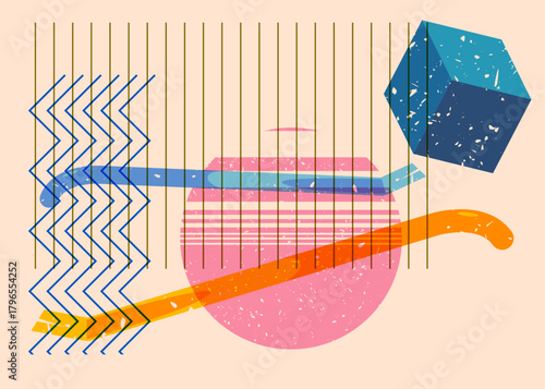 Risograph Crowbar with geometric shapes. Objects in trendy riso graph print texture style design with geometry elements.